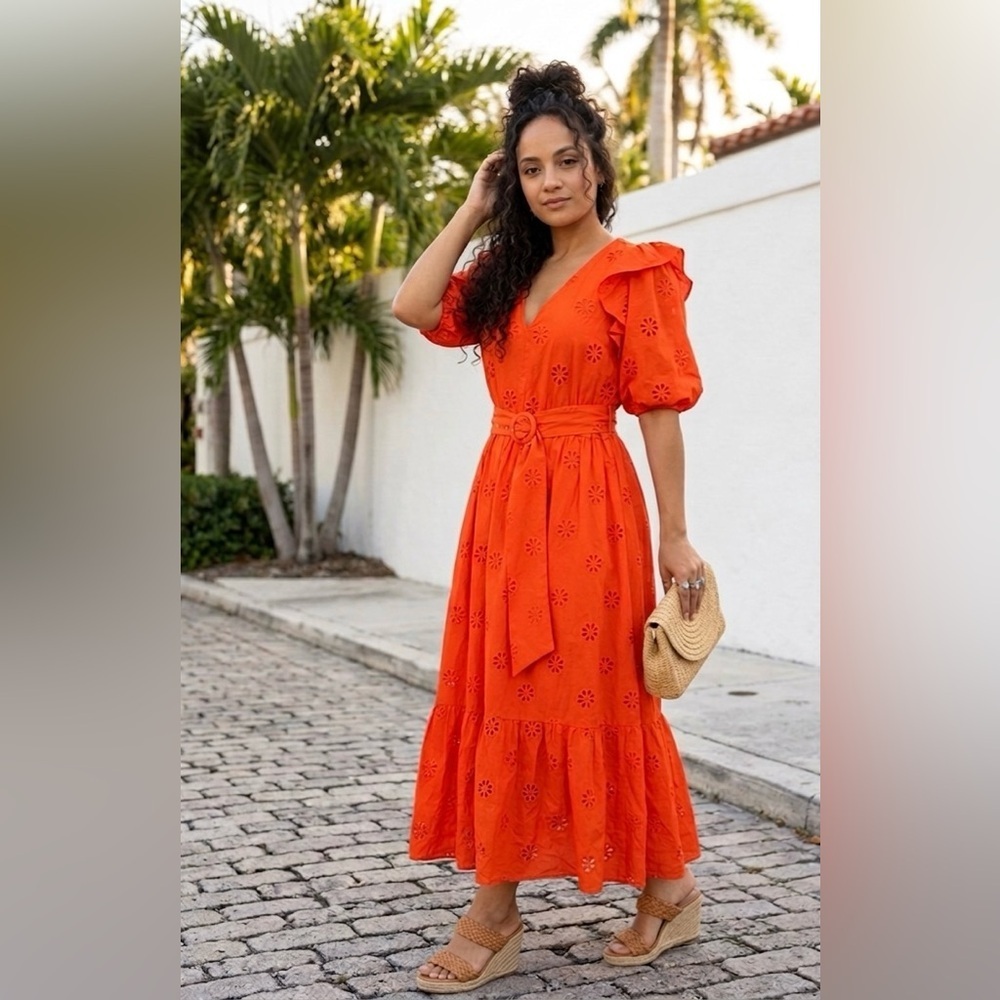 Orange Eyelet Embroidered Cotton Midi Dress Belted Boho Size 6